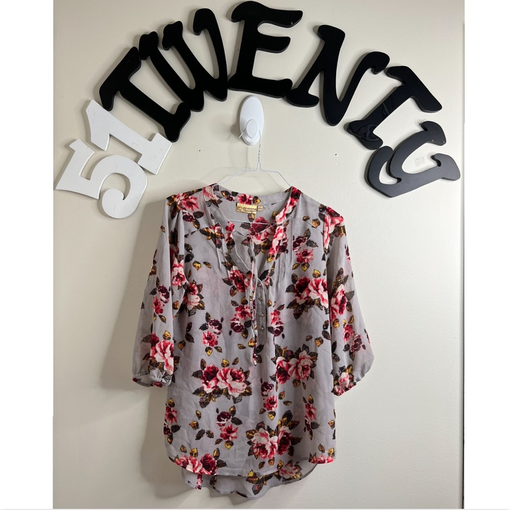 PRINCESS VERA WANG GREY MULTI FLORAL SELF TIE SIZE LARGE TUNIC TOP